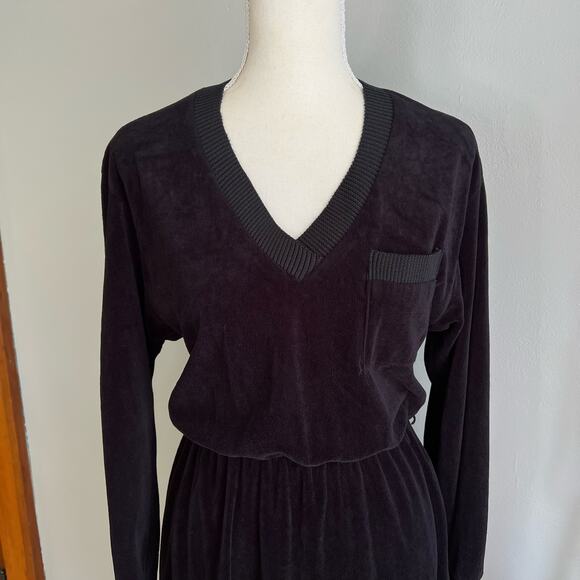 Trolley Car Velour Dress Long Sleeve V‎ Neck Size Small Black Vintage 70s Union - Picture 4 of 8